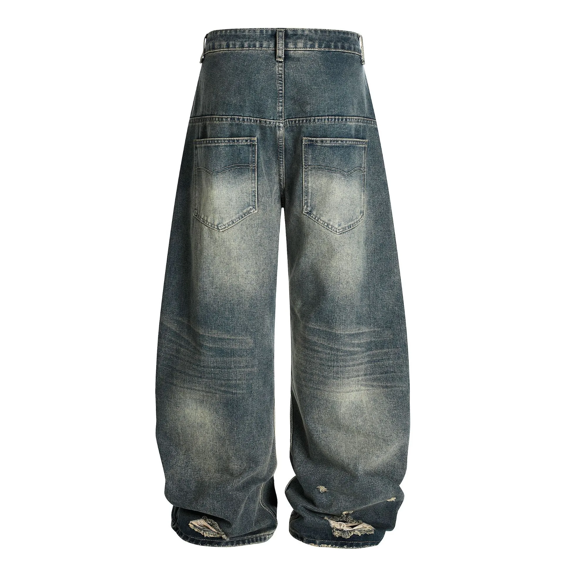 Jiayiku Trendy Brand  American Scimitar Pants Retro Washed Ripped Jeans Men's Straight-Leg Personalized Wide-Leg Pants display picture 5