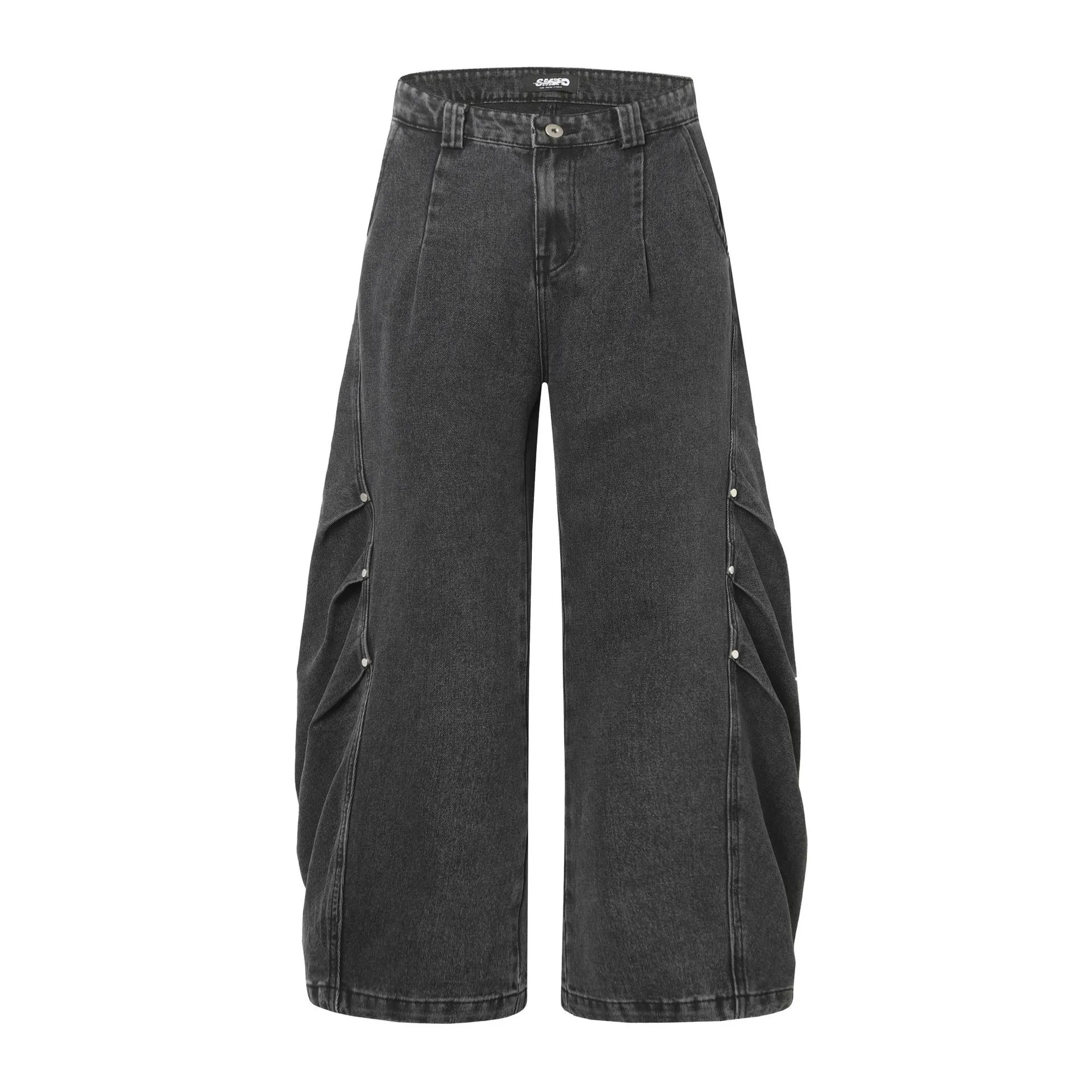 Jiayiku Men's  New American High Street Pleated Rivet Retro Washed Jeans Scimitar Wide Leg Trousers display picture 2