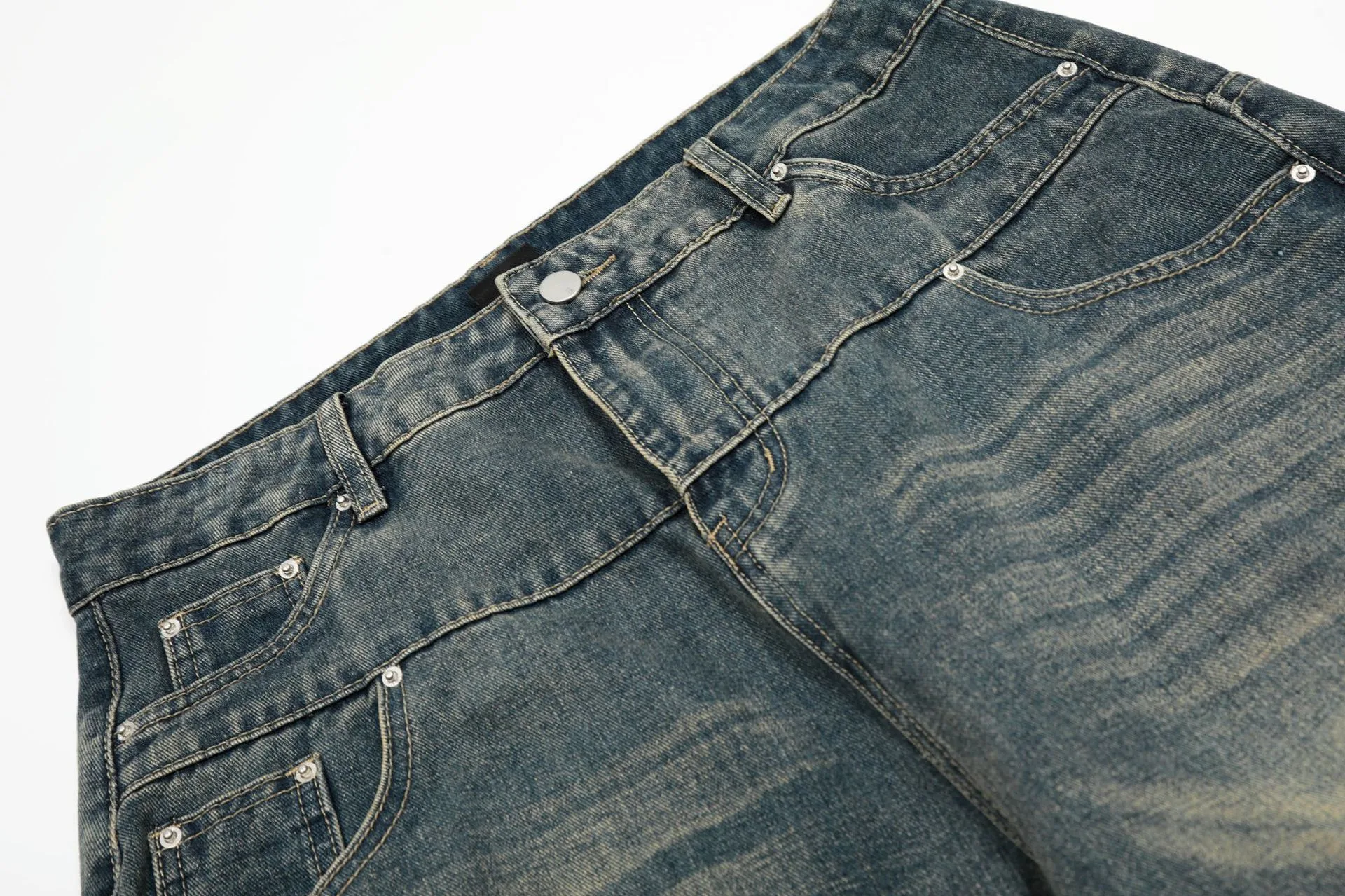 Jiayiku Trendy Brand  American Scimitar Pants Retro Washed Ripped Jeans Men's Straight-Leg Personalized Wide-Leg Pants display picture 6