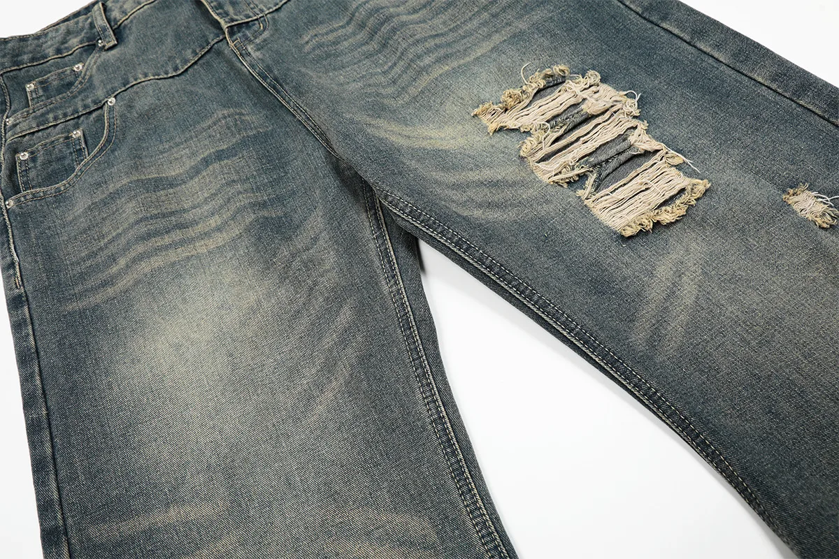Jiayiku Trendy Brand  American Scimitar Pants Retro Washed Ripped Jeans Men's Straight-Leg Personalized Wide-Leg Pants display picture 10