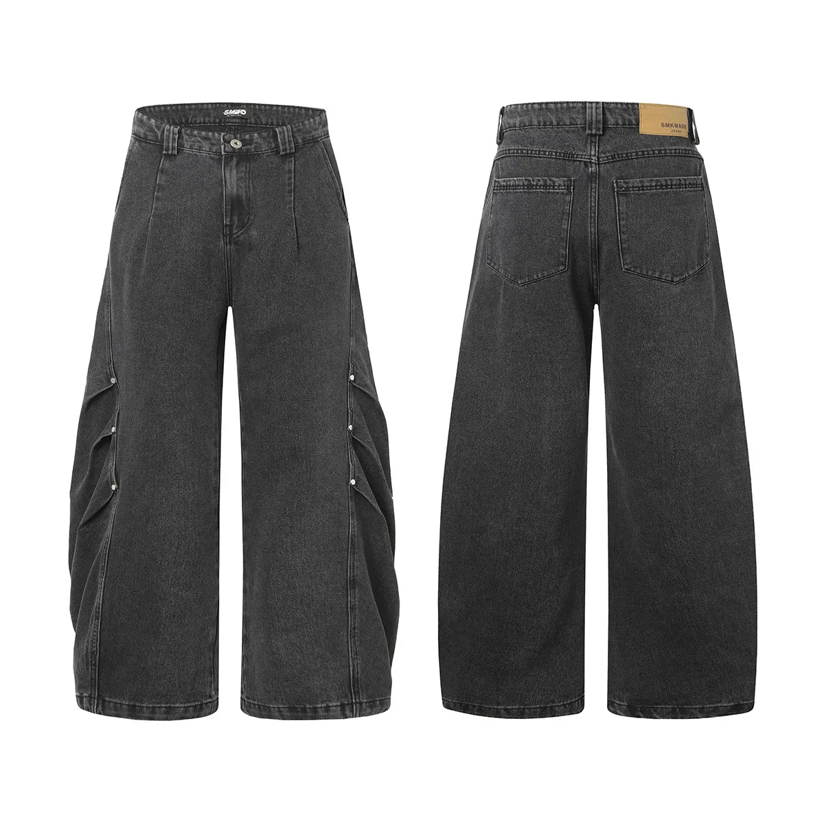 Jiayiku Men's  New American High Street Pleated Rivet Retro Washed Jeans Scimitar Wide Leg Trousers display picture 4
