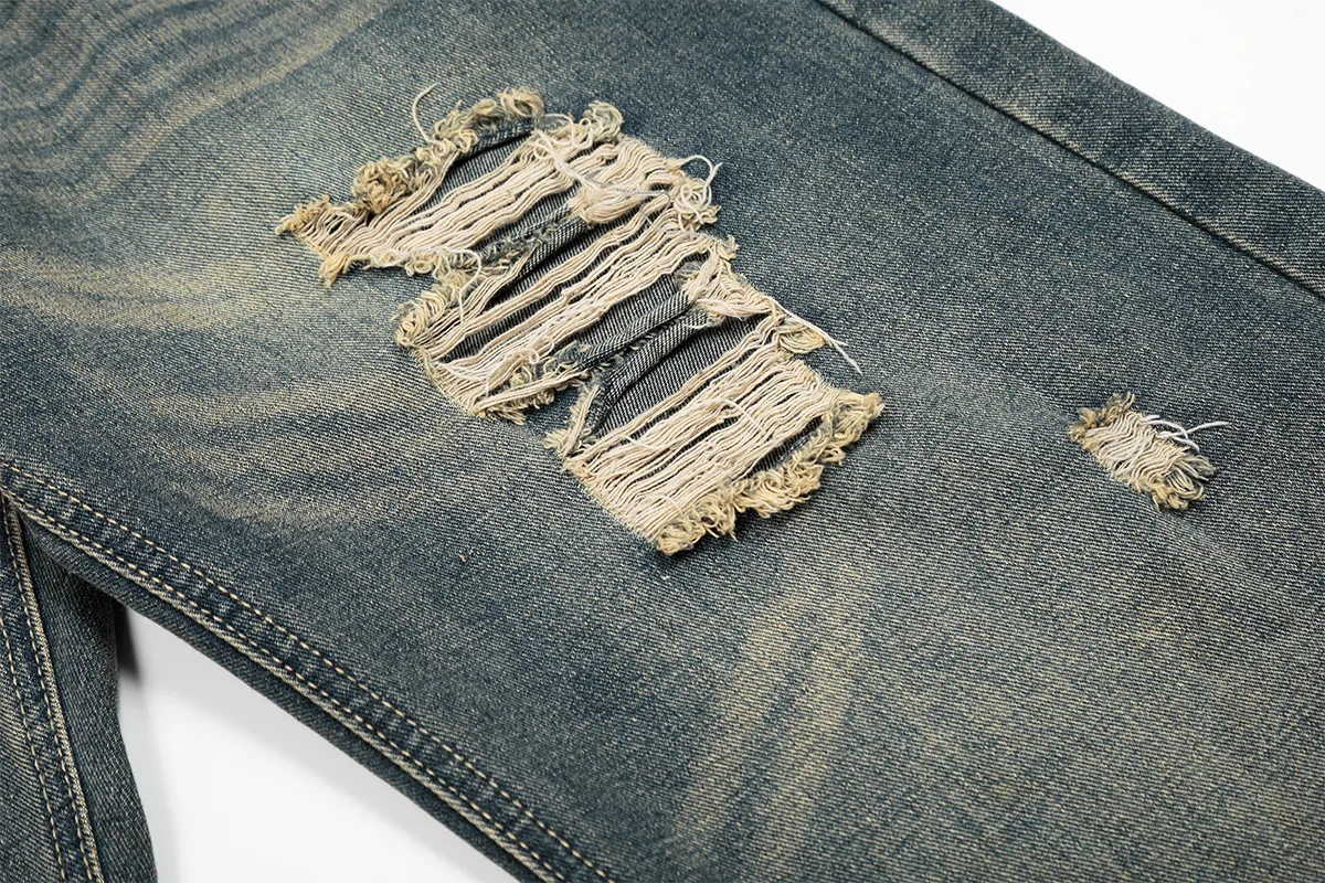 Jiayiku Trendy Brand  American Scimitar Pants Retro Washed Ripped Jeans Men's Straight-Leg Personalized Wide-Leg Pants display picture 11