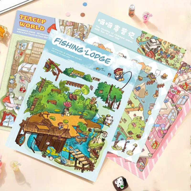 Cartoon Landscaping Mushroom Hut Sticker Miniature World 3D Hut Little Red Book Decompression DIY Scene Hand Account Sticker display picture 1