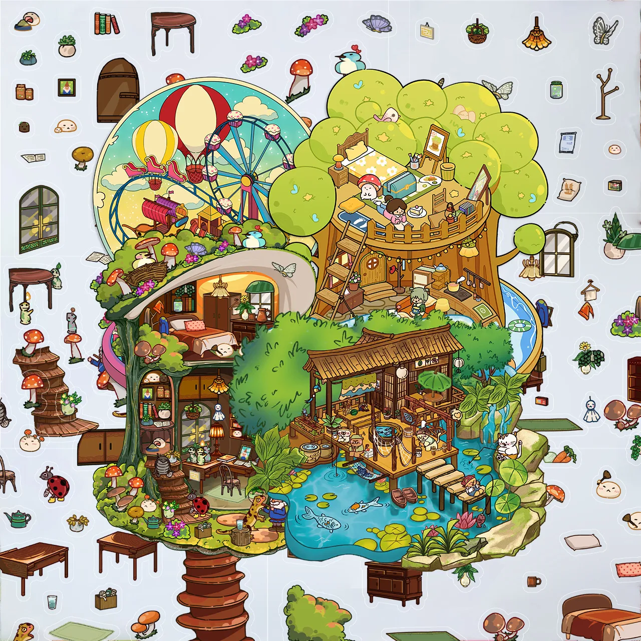 Cartoon Landscaping Mushroom Hut Sticker Miniature World 3D Hut Little Red Book Decompression DIY Scene Hand Account Sticker display picture 2