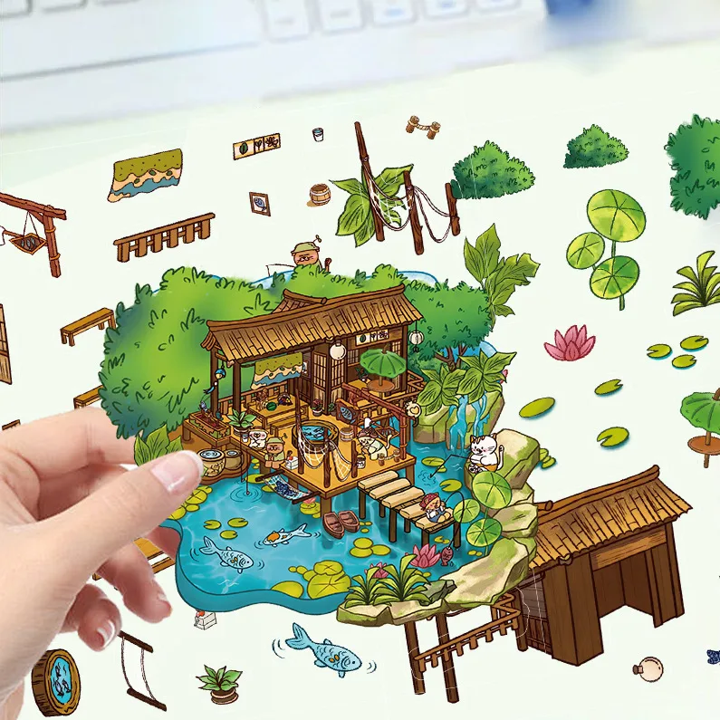 Cartoon Landscaping Mushroom Hut Sticker Miniature World 3D Hut Little Red Book Decompression DIY Scene Hand Account Sticker display picture 3