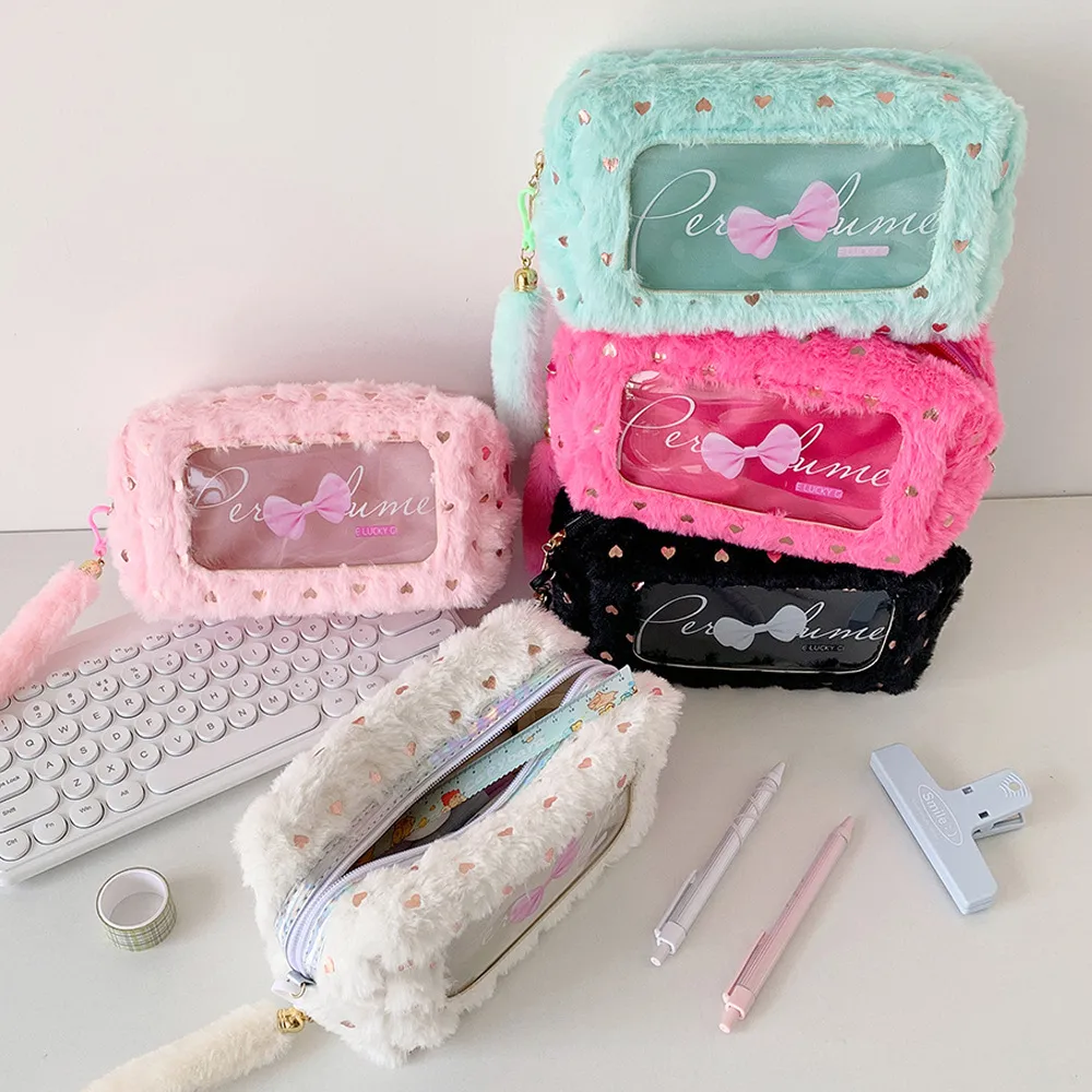 Ins Simple Bow Pencil Bag New Style Plush Large Capacity Stationery Storage Bag Student DIY Material Storage Bag display picture 2