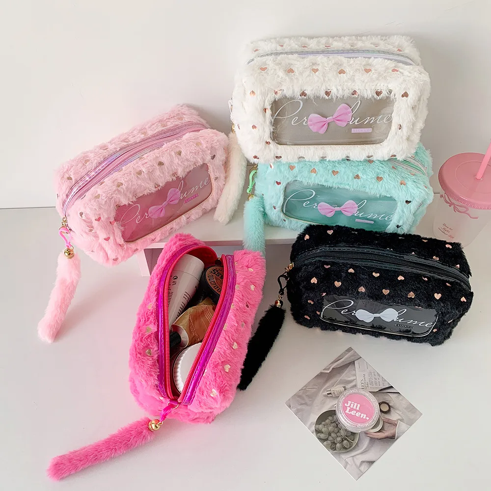 Ins Simple Bow Pencil Bag New Style Plush Large Capacity Stationery Storage Bag Student DIY Material Storage Bag display picture 4