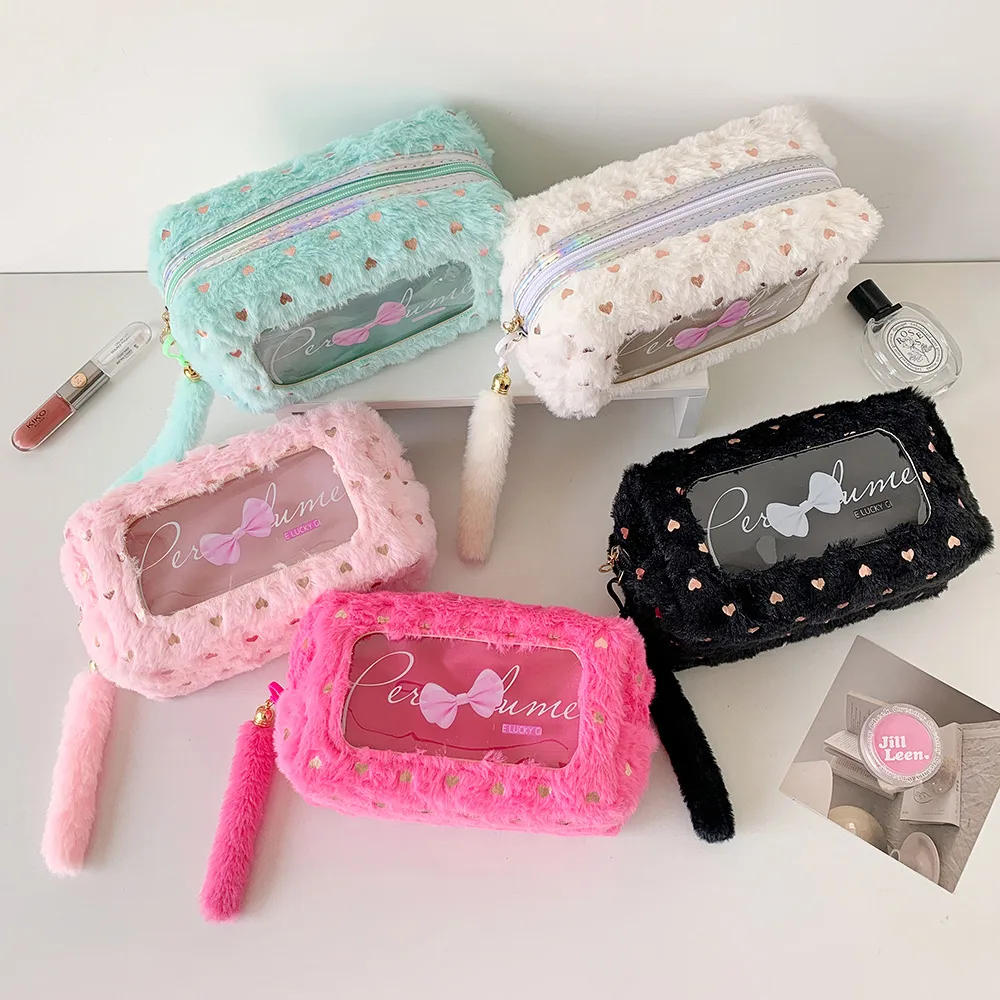 Ins Simple Bow Pencil Bag New Style Plush Large Capacity Stationery Storage Bag Student DIY Material Storage Bag display picture 6