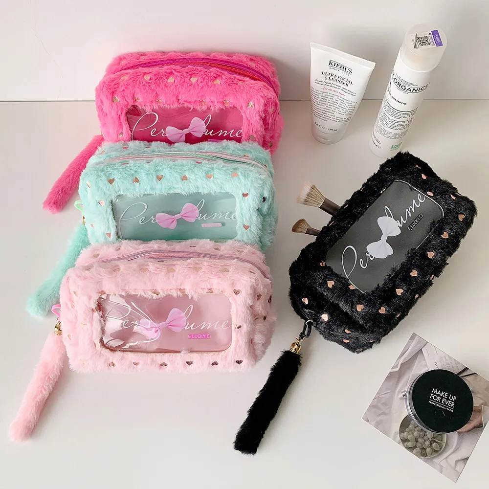 Ins Simple Bow Pencil Bag New Style Plush Large Capacity Stationery Storage Bag Student DIY Material Storage Bag display picture 12