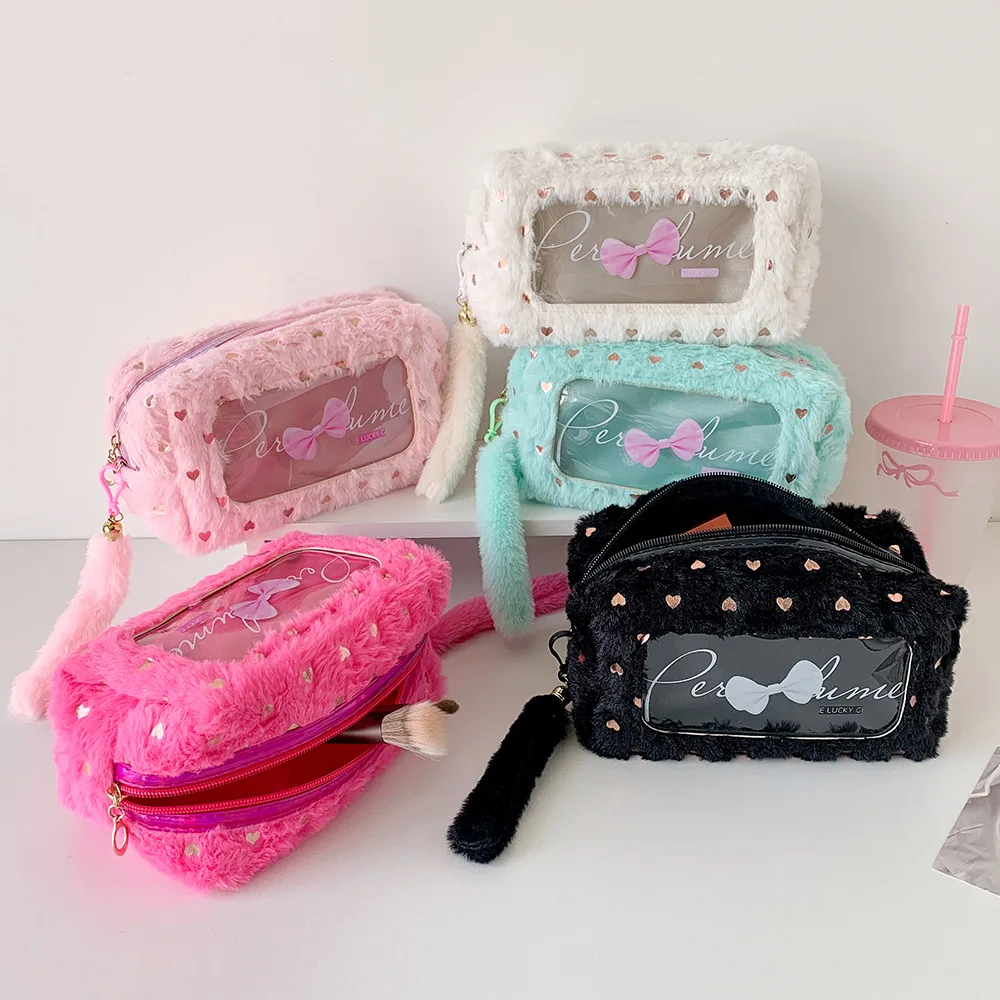 Ins Simple Bow Pencil Bag New Style Plush Large Capacity Stationery Storage Bag Student DIY Material Storage Bag display picture 3