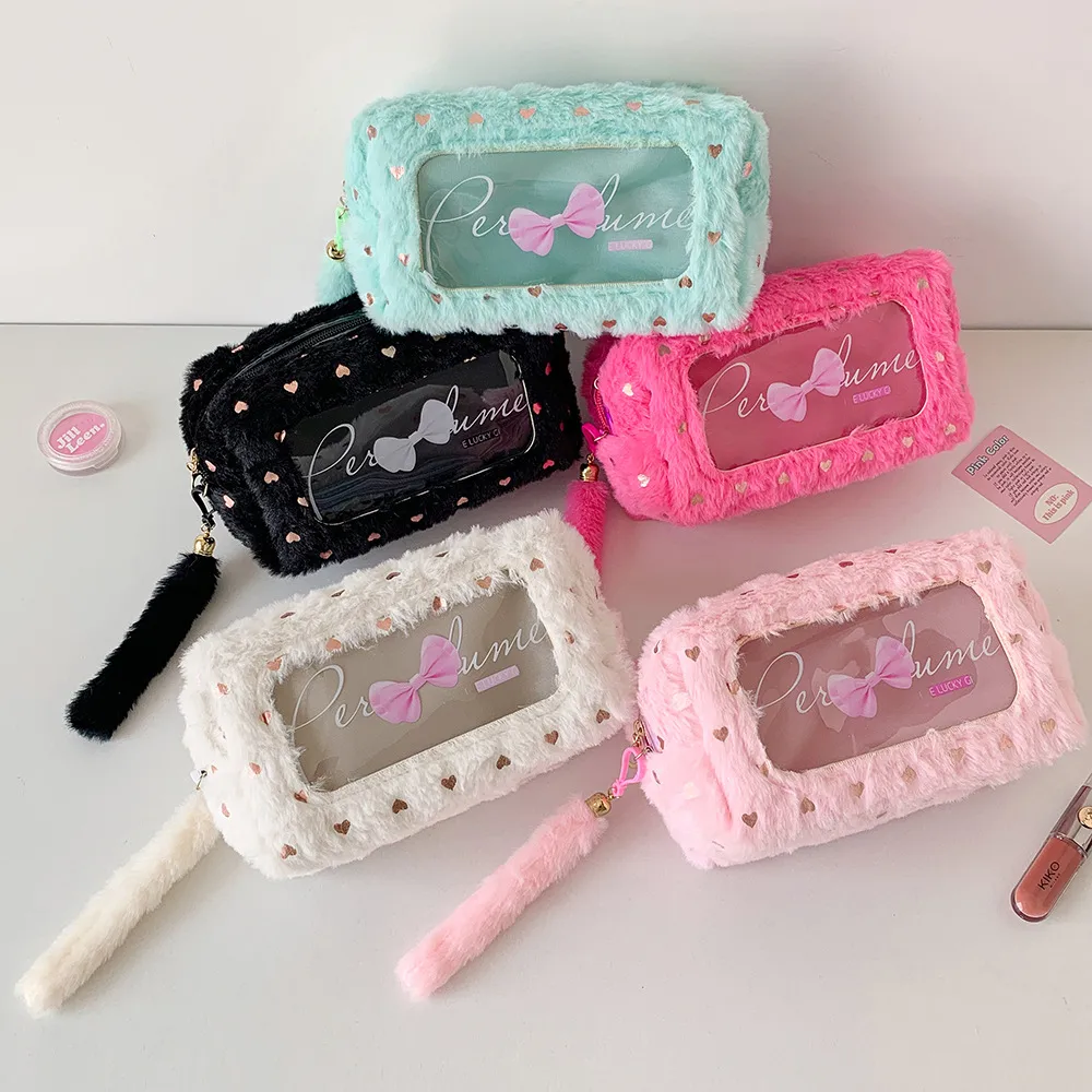 Ins Simple Bow Pencil Bag New Style Plush Large Capacity Stationery Storage Bag Student DIY Material Storage Bag display picture 5