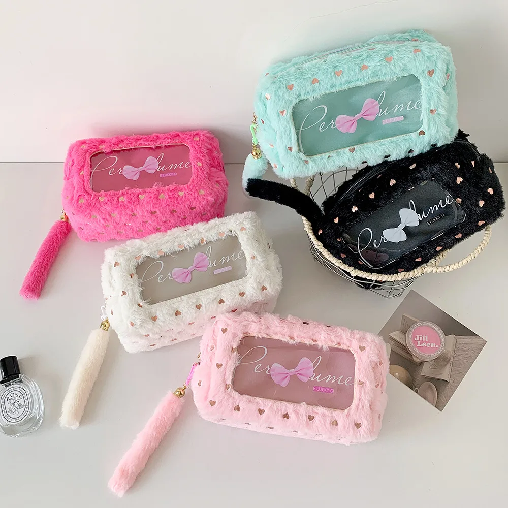 Ins Simple Bow Pencil Bag New Style Plush Large Capacity Stationery Storage Bag Student DIY Material Storage Bag display picture 7
