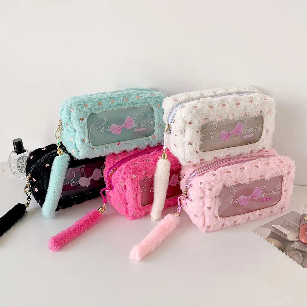 Ins Simple Bow Pencil Bag New Style Plush Large Capacity Stationery Storage Bag Student DIY Material Storage Bag display picture 8