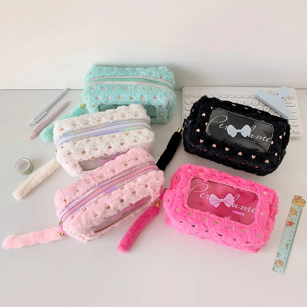 Ins Simple Bow Pencil Bag New Style Plush Large Capacity Stationery Storage Bag Student DIY Material Storage Bag display picture 9