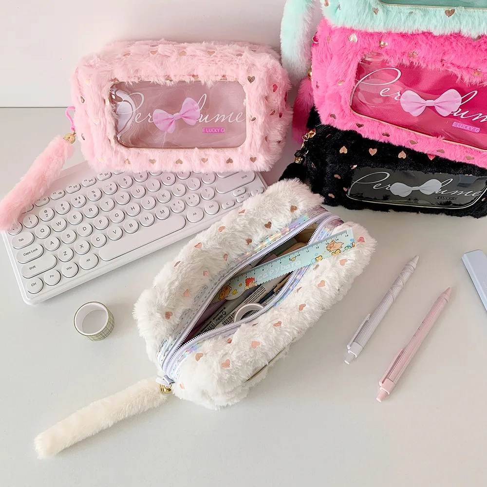 Ins Simple Bow Pencil Bag New Style Plush Large Capacity Stationery Storage Bag Student DIY Material Storage Bag display picture 10
