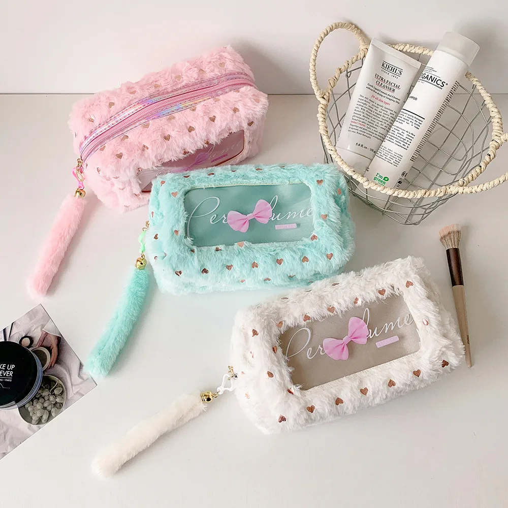 Ins Simple Bow Pencil Bag New Style Plush Large Capacity Stationery Storage Bag Student DIY Material Storage Bag display picture 11