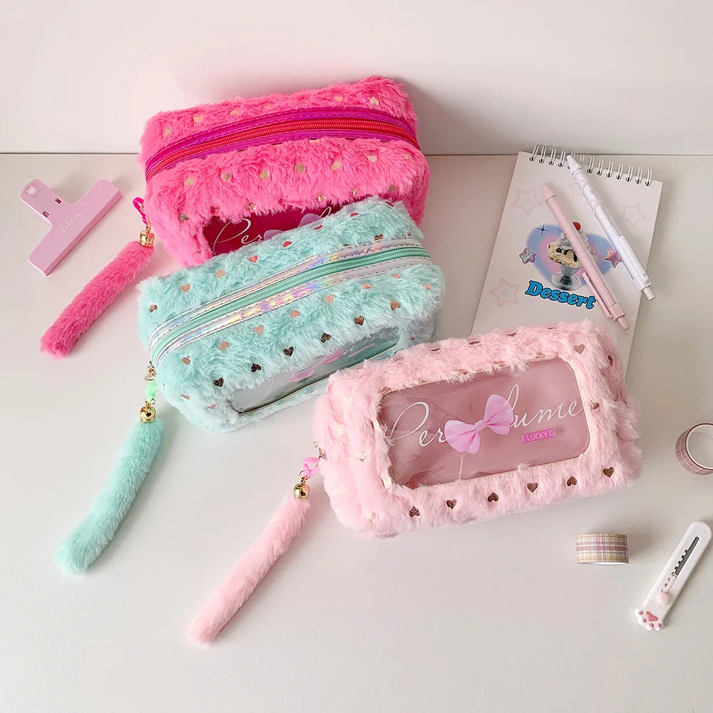 Ins Simple Bow Pencil Bag New Style Plush Large Capacity Stationery Storage Bag Student DIY Material Storage Bag display picture 13
