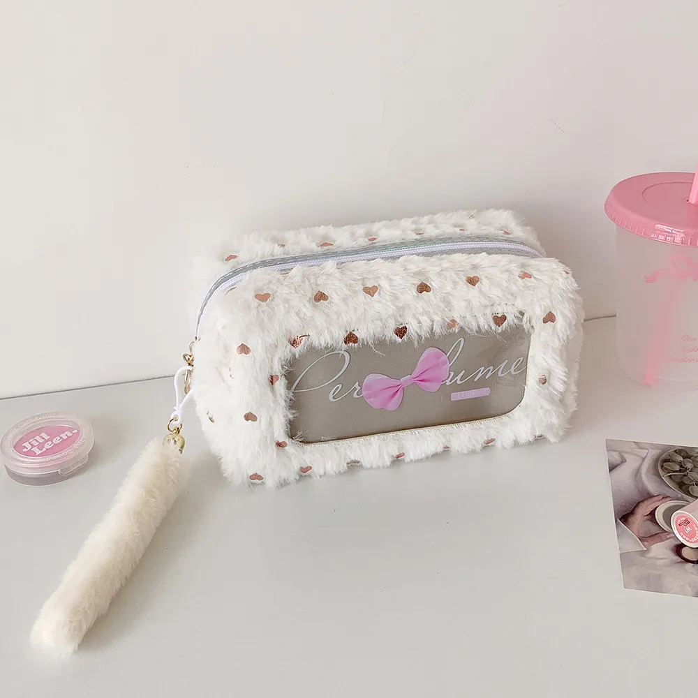 Ins Simple Bow Pencil Bag New Style Plush Large Capacity Stationery Storage Bag Student DIY Material Storage Bag display picture 14