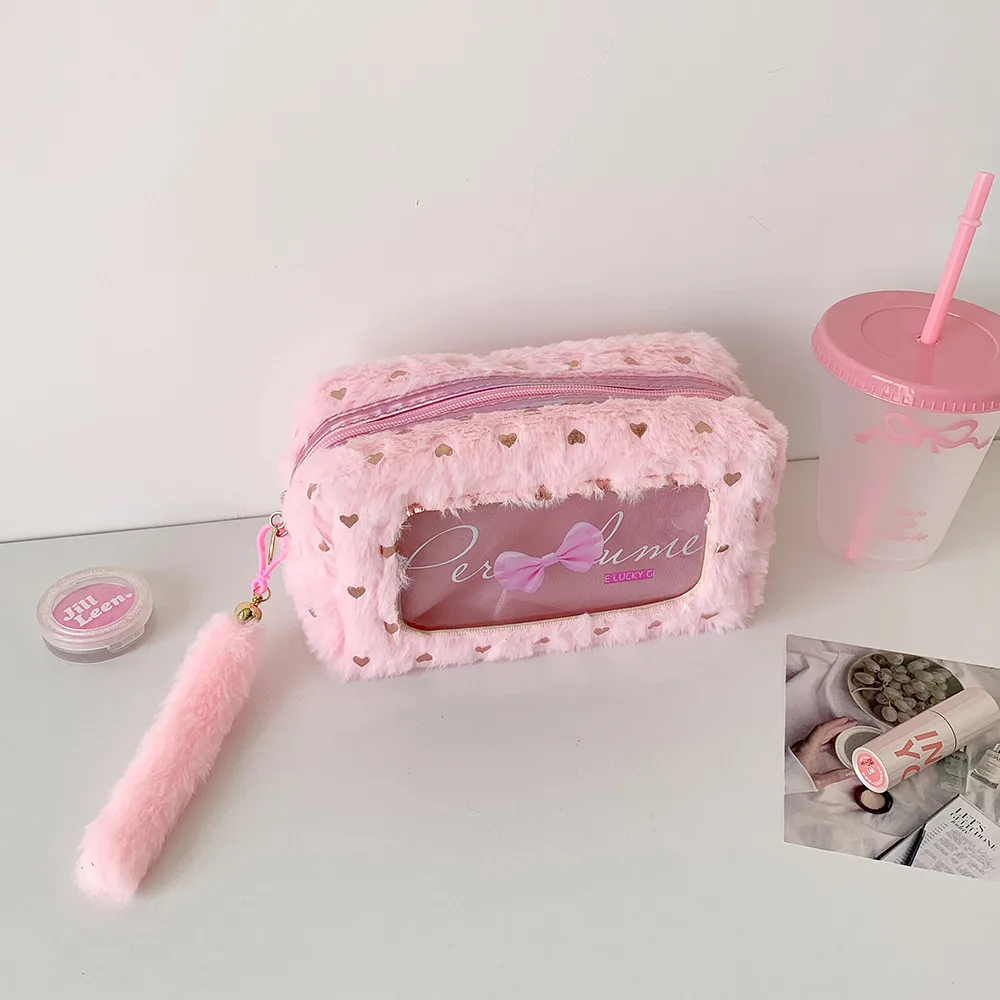 Ins Simple Bow Pencil Bag New Style Plush Large Capacity Stationery Storage Bag Student DIY Material Storage Bag display picture 15