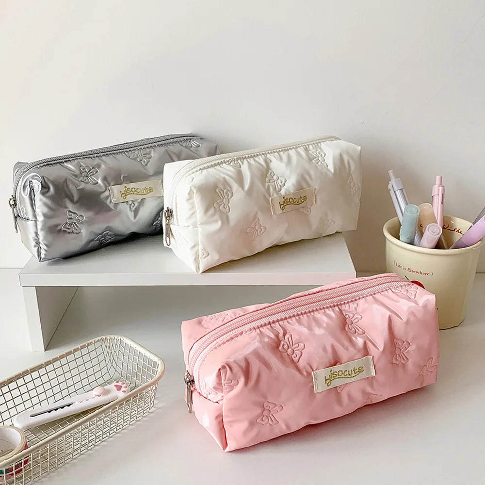 Simple Solid Color Ultrasonic Embossed Pencil Bag High Color Butterfly Student Stationery Storage Bag DIY Material Storage Bag display picture 2