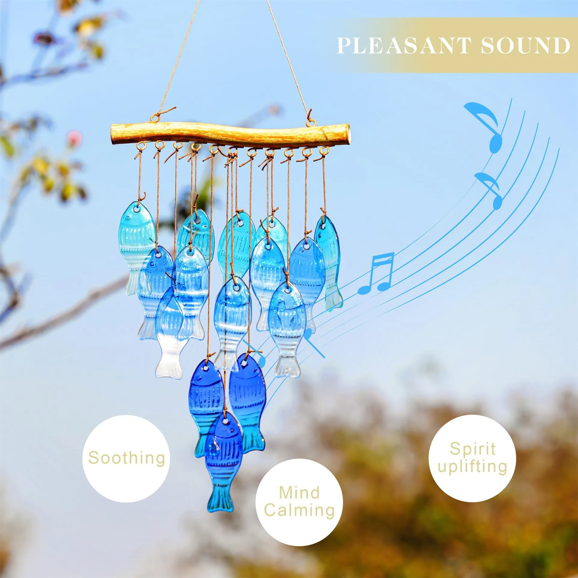 23 Inch Blue Glass Sea Wind Chimes-handmade Fish Shaped Wind Chimes For Outdoor, Beach display picture 2