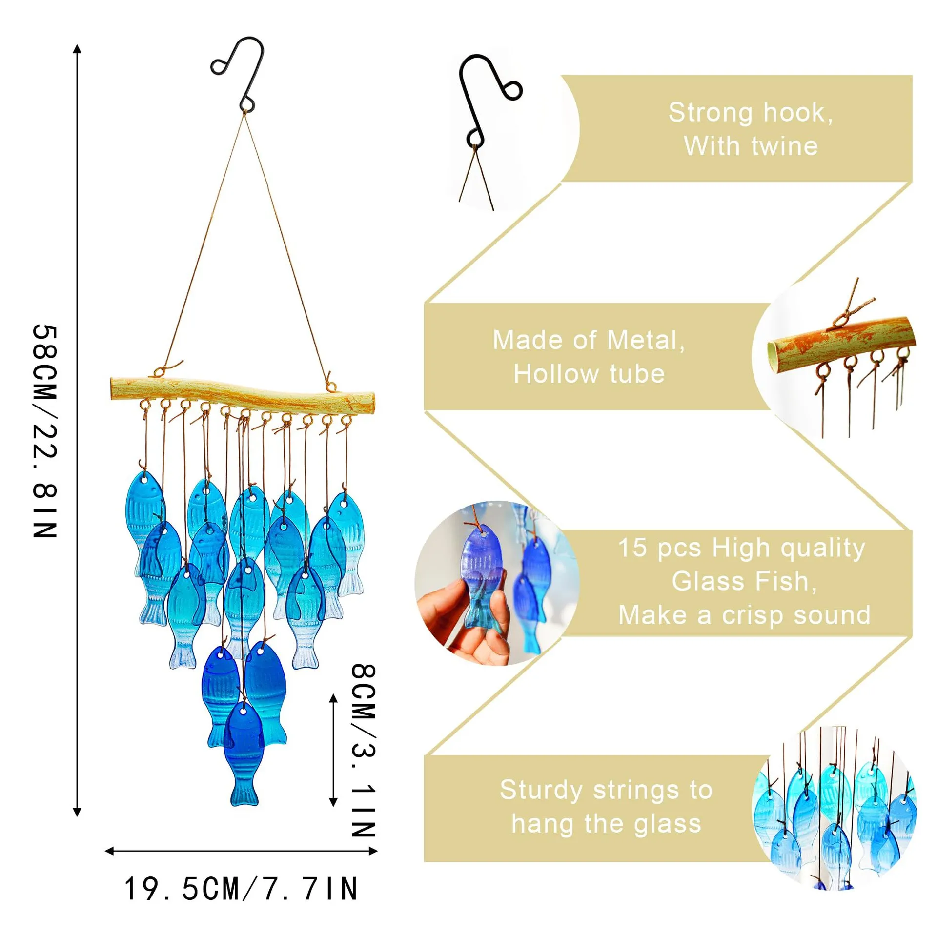 23 Inch Blue Glass Sea Wind Chimes-handmade Fish Shaped Wind Chimes For Outdoor, Beach display picture 4