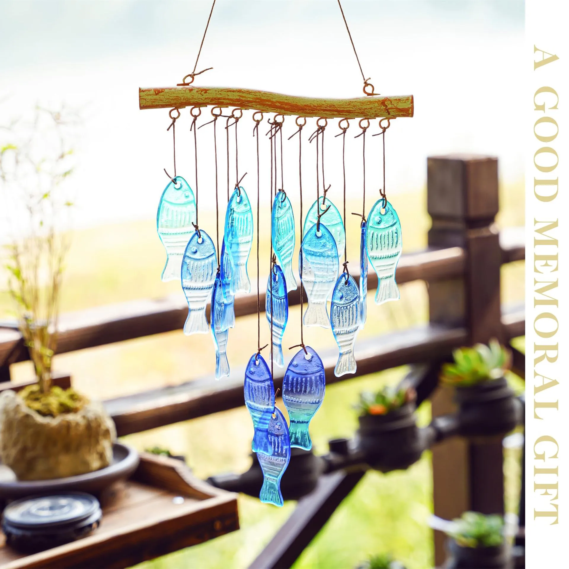 23 Inch Blue Glass Sea Wind Chimes-handmade Fish Shaped Wind Chimes For Outdoor, Beach display picture 6