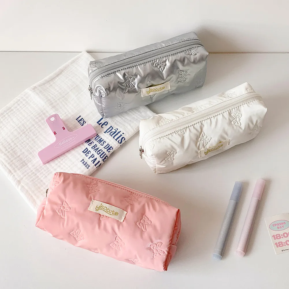 Simple Solid Color Ultrasonic Embossed Pencil Bag High Color Butterfly Student Stationery Storage Bag DIY Material Storage Bag display picture 4