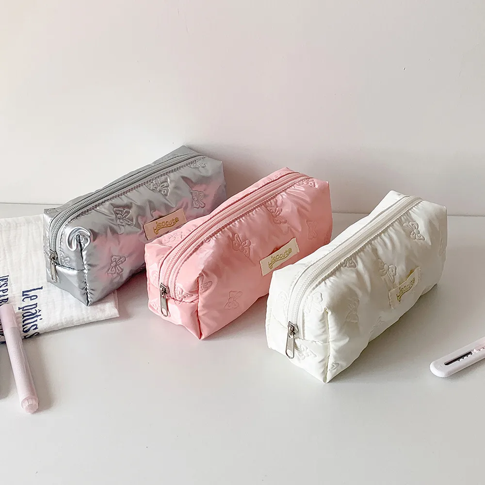 Simple Solid Color Ultrasonic Embossed Pencil Bag High Color Butterfly Student Stationery Storage Bag DIY Material Storage Bag display picture 7