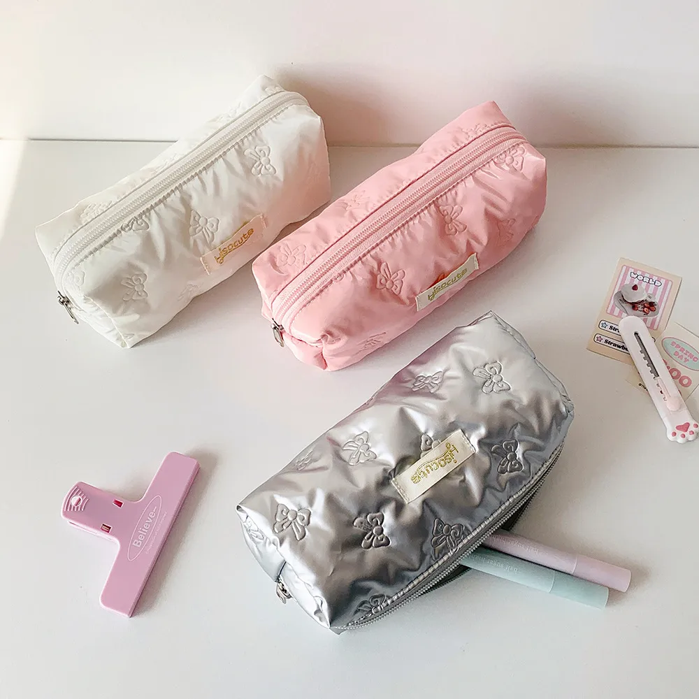 Simple Solid Color Ultrasonic Embossed Pencil Bag High Color Butterfly Student Stationery Storage Bag DIY Material Storage Bag display picture 12