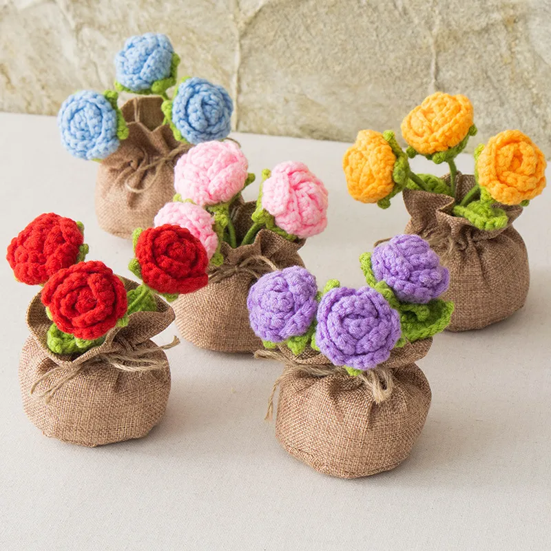 Handmade Crocheted Lucky Bag Small Potted Plants Home Furnishings Woolen Knitted Finished Rose Decoration Simulated Flower Potted Plants display picture 3