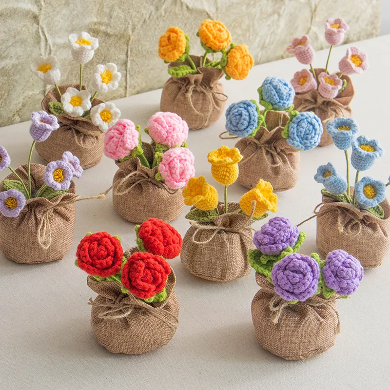 Handmade Crocheted Lucky Bag Small Potted Plants Home Furnishings Woolen Knitted Finished Rose Decoration Simulated Flower Potted Plants display picture 4