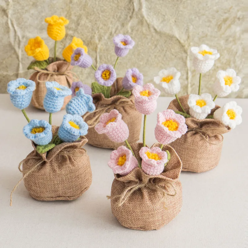 Handmade Crocheted Lucky Bag Small Potted Plants Home Furnishings Woolen Knitted Finished Rose Decoration Simulated Flower Potted Plants display picture 2