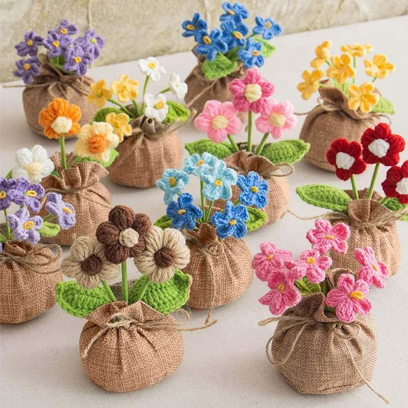 Handmade Crocheted Lucky Bag Small Potted Plants Home Furnishings Woolen Knitted Finished Rose Decoration Simulated Flower Potted Plants display picture 5