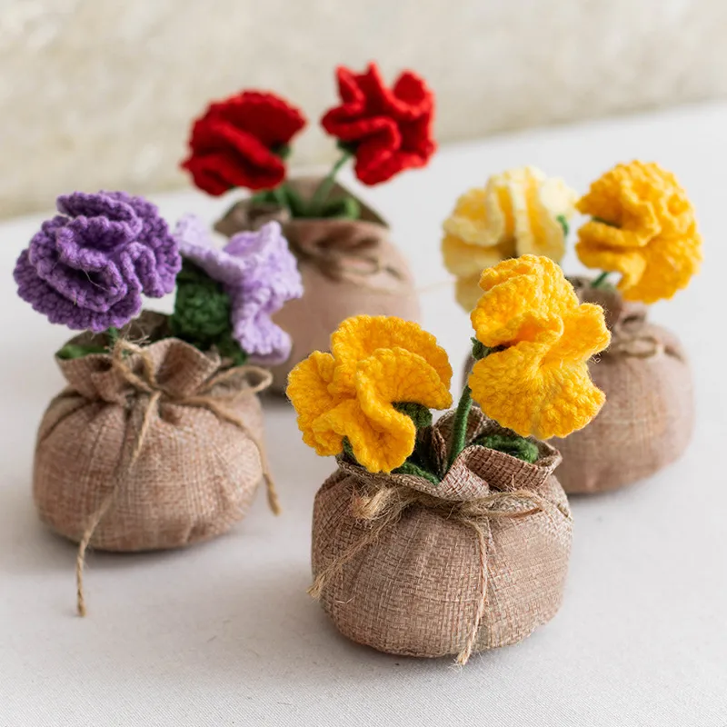 Handmade Crocheted Lucky Bag Small Potted Plants Home Furnishings Woolen Knitted Finished Rose Decoration Simulated Flower Potted Plants display picture 7