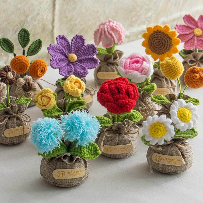 Handmade Crocheted Lucky Bag Small Potted Plants Home Furnishings Woolen Knitted Finished Rose Decoration Simulated Flower Potted Plants display picture 9