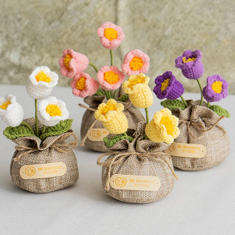 Handmade Crocheted Lucky Bag Small Potted Plants Home Furnishings Woolen Knitted Finished Rose Decoration Simulated Flower Potted Plants display picture 10