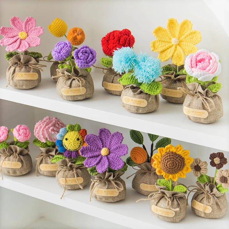Handmade Crocheted Lucky Bag Small Potted Plants Home Furnishings Woolen Knitted Finished Rose Decoration Simulated Flower Potted Plants display picture 11