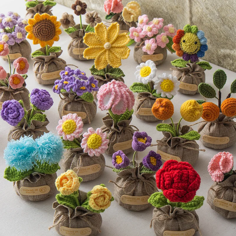 Handmade Crocheted Lucky Bag Small Potted Plants Home Furnishings Woolen Knitted Finished Rose Decoration Simulated Flower Potted Plants display picture 12