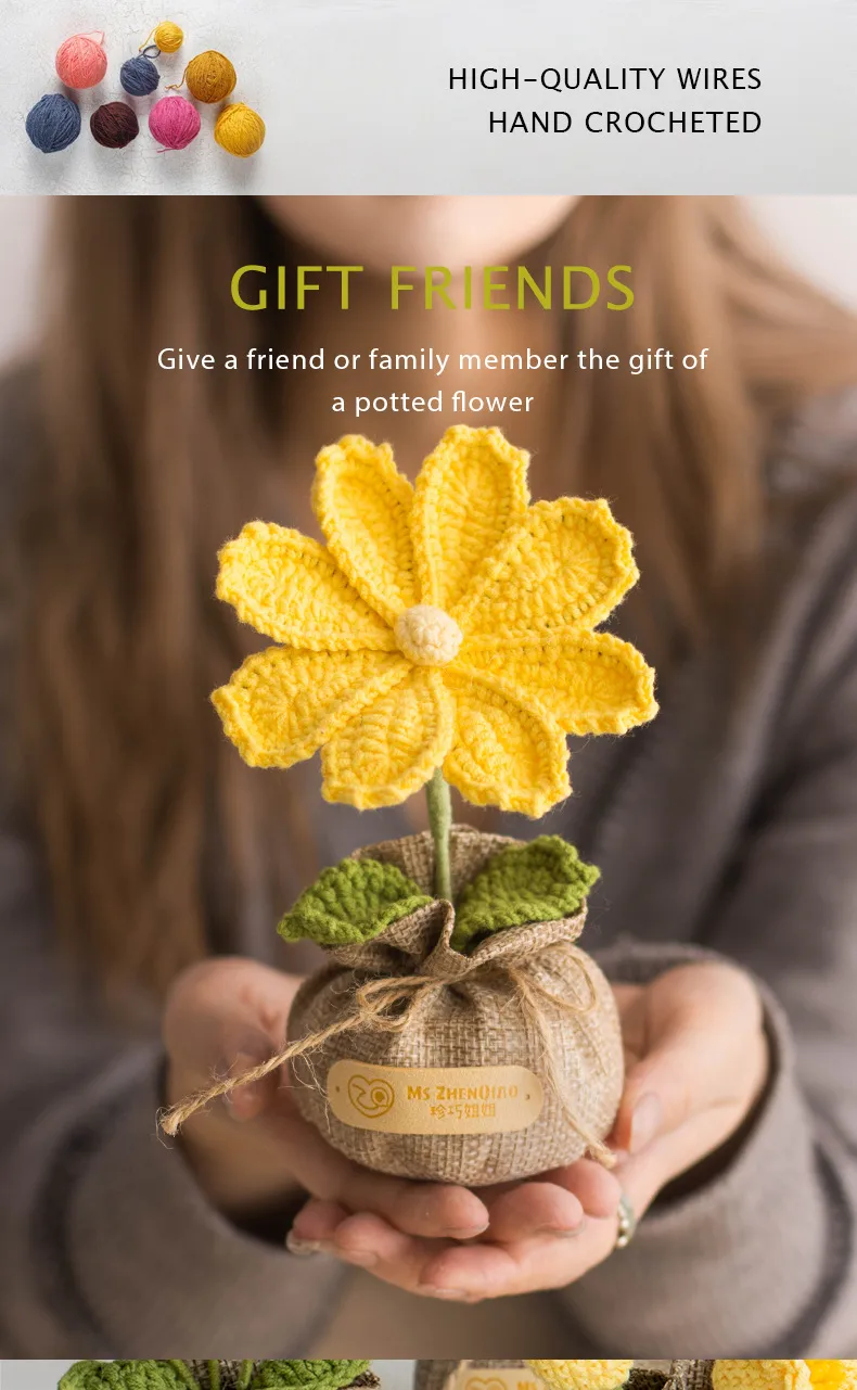 Handmade Crocheted Lucky Bag Small Potted Plants Home Furnishings Woolen Knitted Finished Rose Decoration Simulated Flower Potted Plants display picture 13