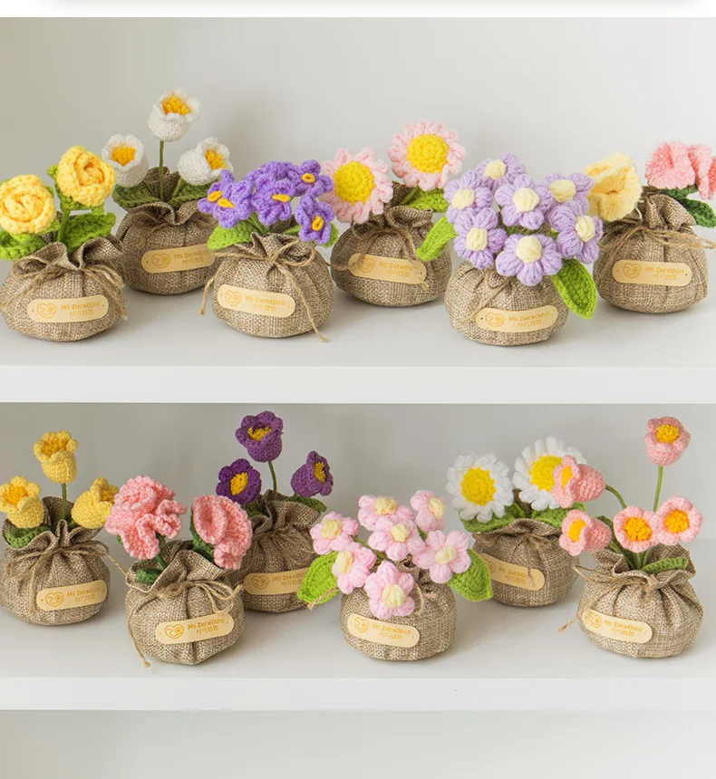 Handmade Crocheted Lucky Bag Small Potted Plants Home Furnishings Woolen Knitted Finished Rose Decoration Simulated Flower Potted Plants display picture 17