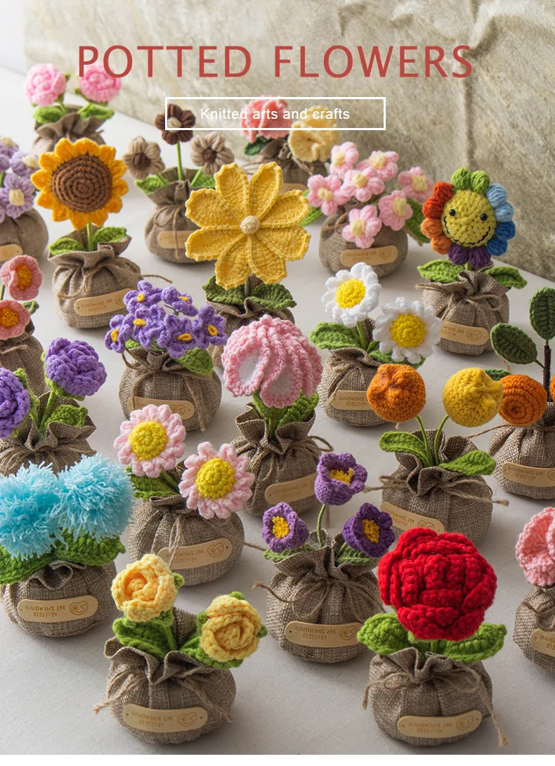 Handmade Crocheted Lucky Bag Small Potted Plants Home Furnishings Woolen Knitted Finished Rose Decoration Simulated Flower Potted Plants display picture 19