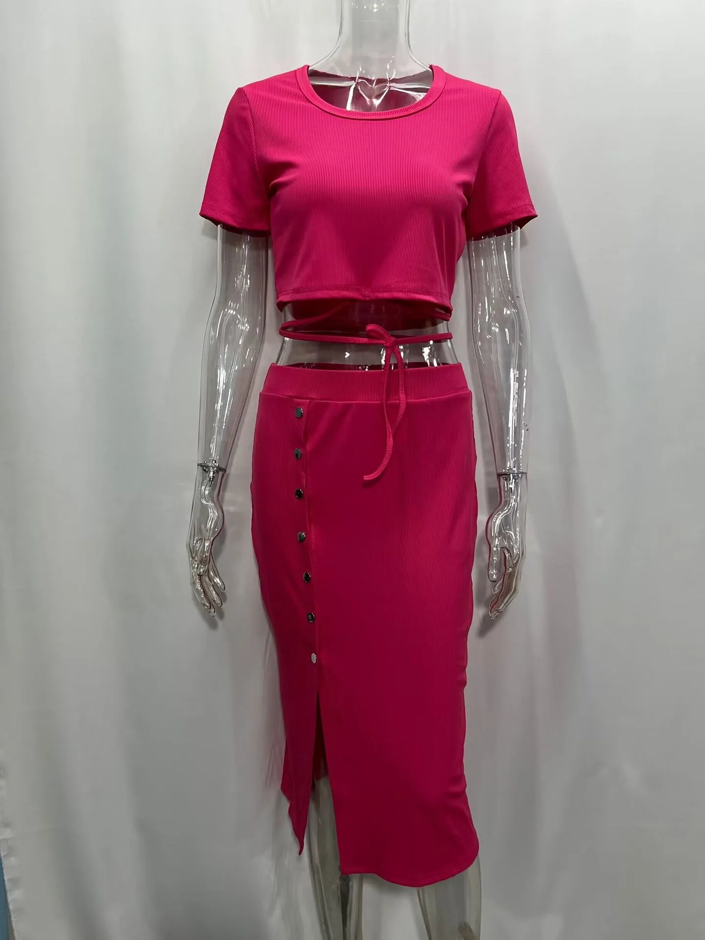Suit New Style Clear Color Short-sleeved Round Neck Top Button Cropped Hip Mid-length Skirt Casual Two-piece Set display picture 1