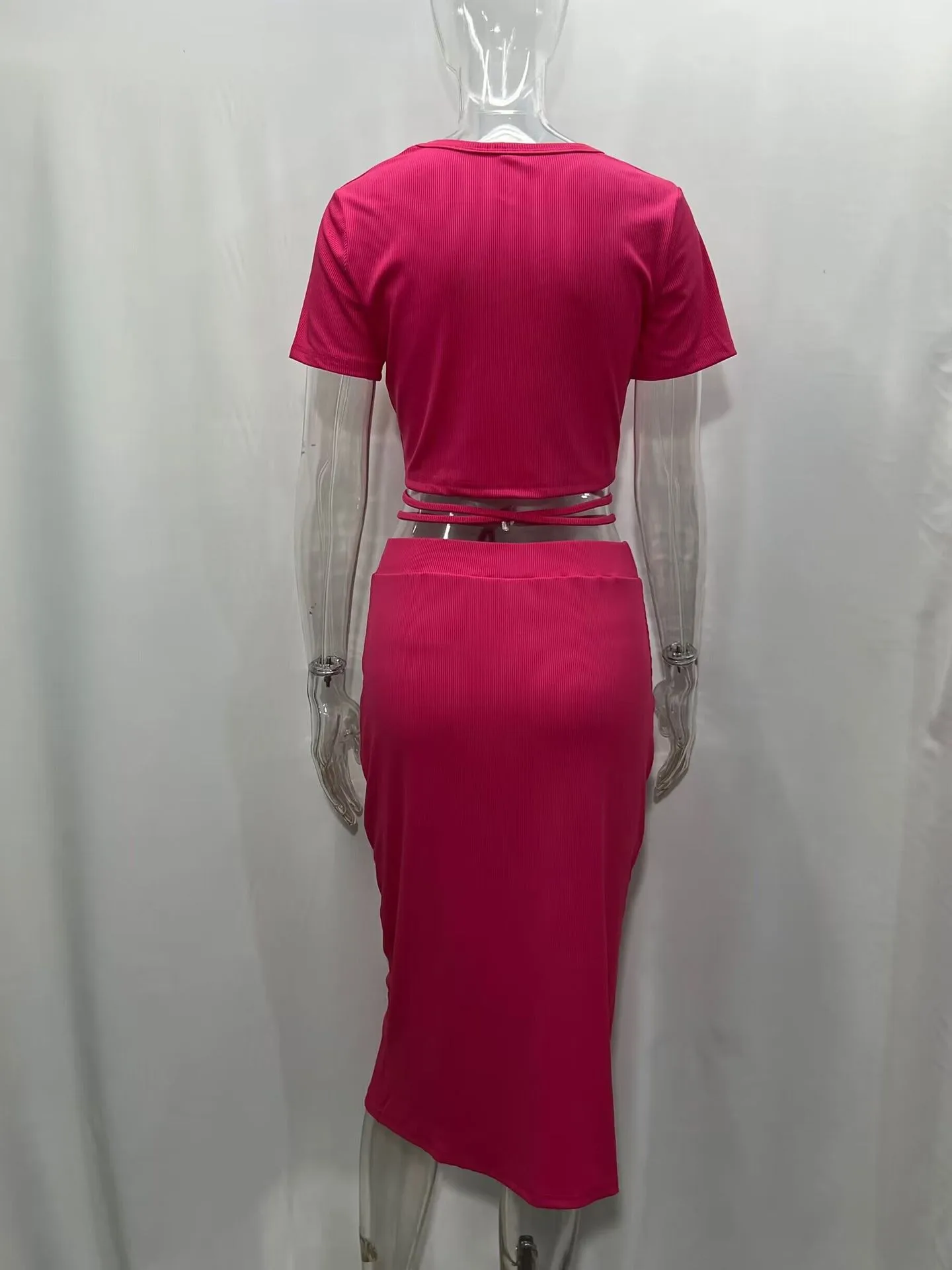 Suit New Style Clear Color Short-sleeved Round Neck Top Button Cropped Hip Mid-length Skirt Casual Two-piece Set display picture 2