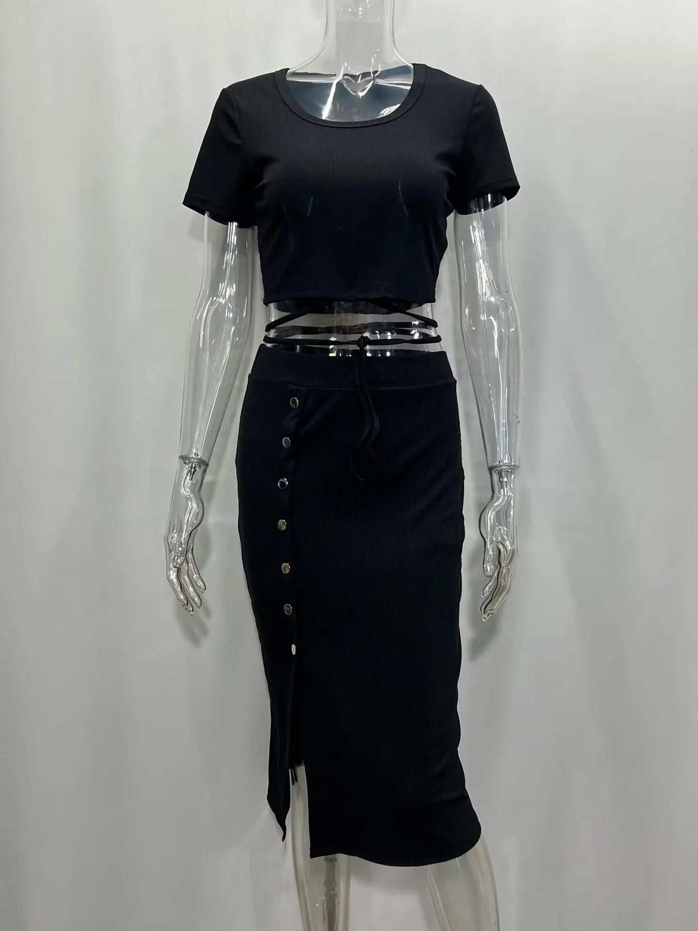 Suit New Style Clear Color Short-sleeved Round Neck Top Button Cropped Hip Mid-length Skirt Casual Two-piece Set display picture 3