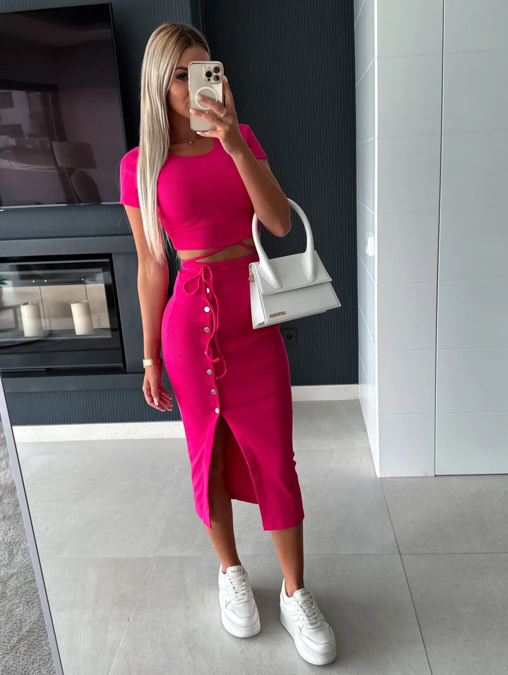 Suit New Style Clear Color Short-sleeved Round Neck Top Button Cropped Hip Mid-length Skirt Casual Two-piece Set display picture 8