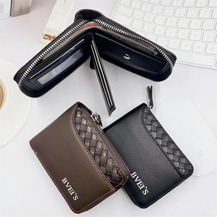New  Wallet Men's Short Horizontal Zipper Wallet 20% Fold Coin Wallet Woven Pattern Stitching Wallet display picture 1