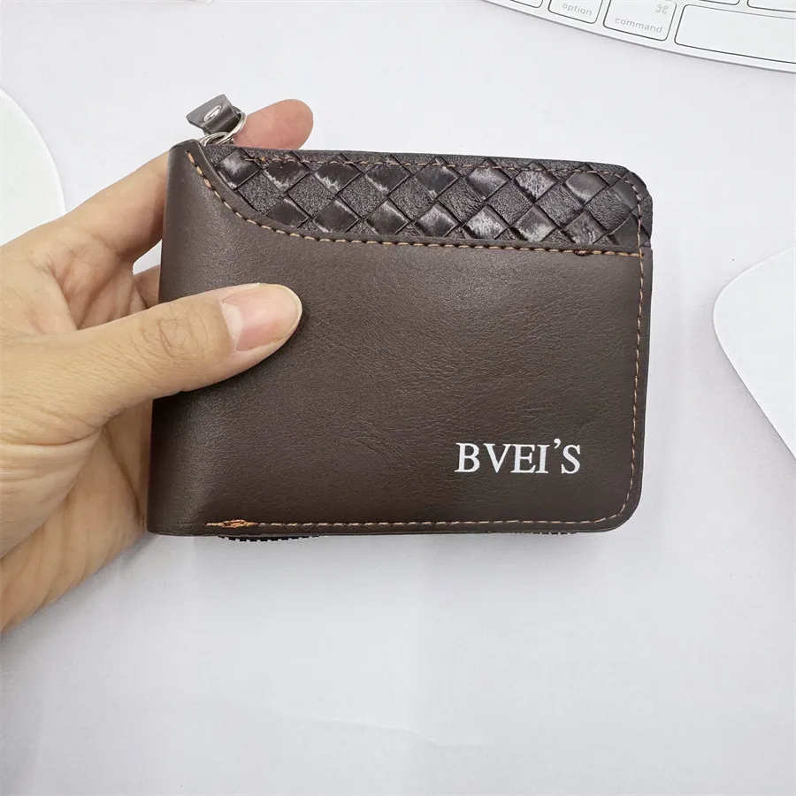 New  Wallet Men's Short Horizontal Zipper Wallet 20% Fold Coin Wallet Woven Pattern Stitching Wallet display picture 4