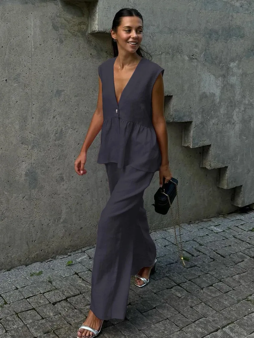 Cotton V-neck Sleeveless Top Vest Pants Suit Women's  New Solid Color Elegant Commuter Two-piece Set display picture 4