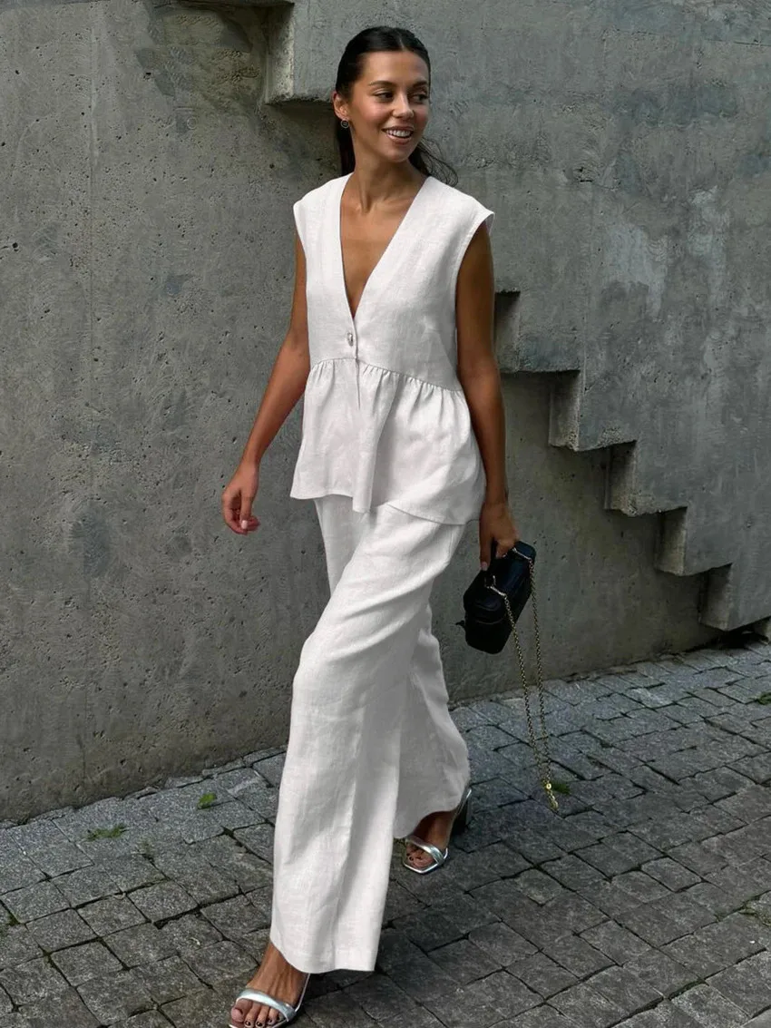 Cotton V-neck Sleeveless Top Vest Pants Suit Women's  New Solid Color Elegant Commuter Two-piece Set display picture 5